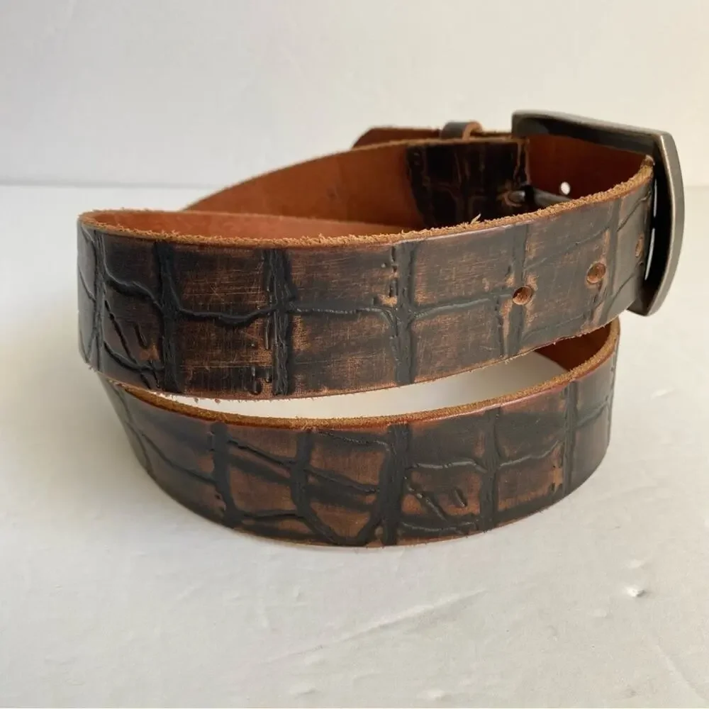 Brown Italian Leather Belt Mock Croc Embossed Statement Silver Buckle Mens Large